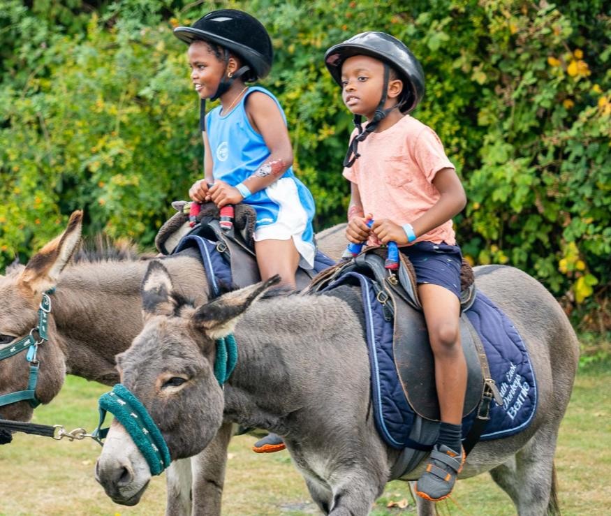 Two children on donkey rides at Summer Fun 2025